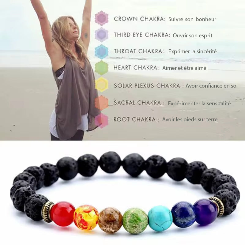 Pulsera de los 7 chakras en piedras de lava natural.